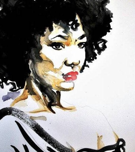 570x642 African American Woman Art Print Natural Hair Afro Beauty Etsy - African American Watercolor