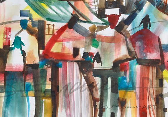 570x398 Family Gathering Watercolor Print African American Art Black Etsy - African Watercolor Paintings