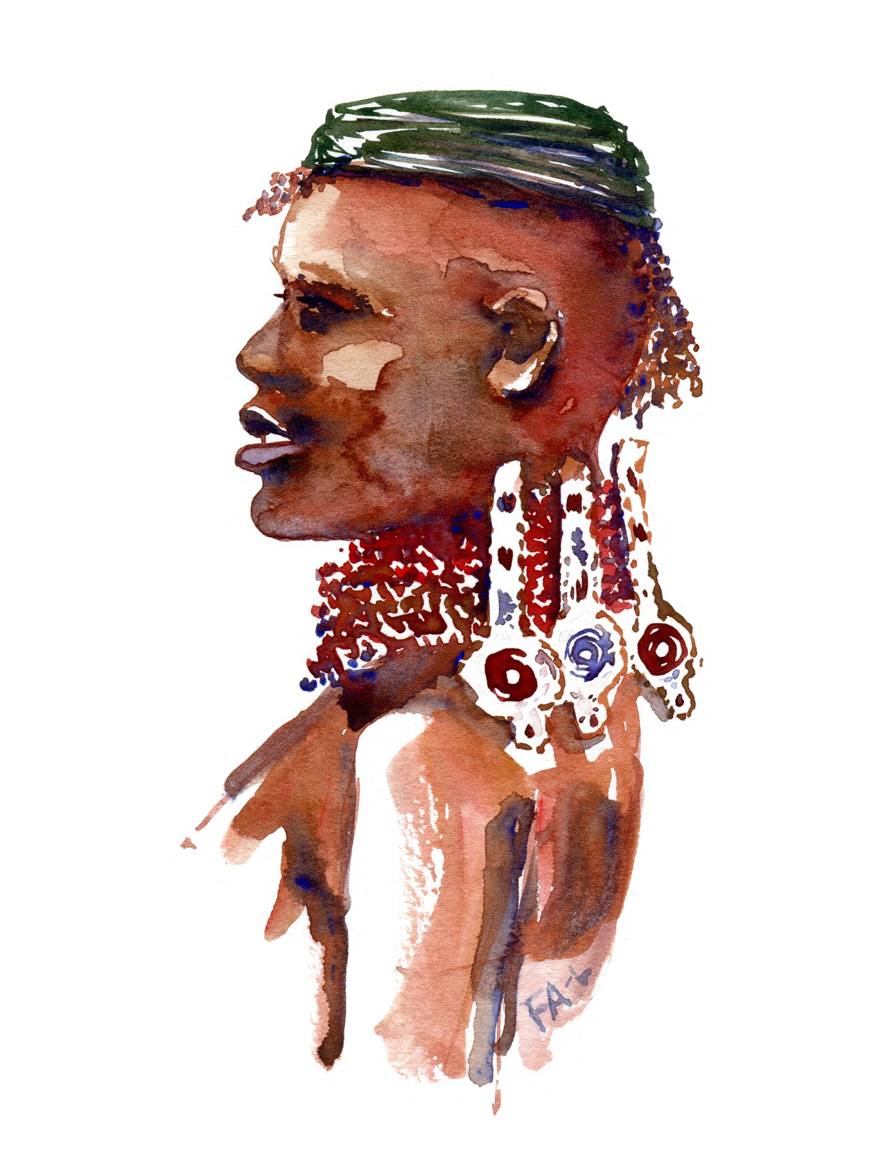 1250x1667 Watercolor Portrait Afro American Tribe Africa Man Artwork By - Afro Watercolor