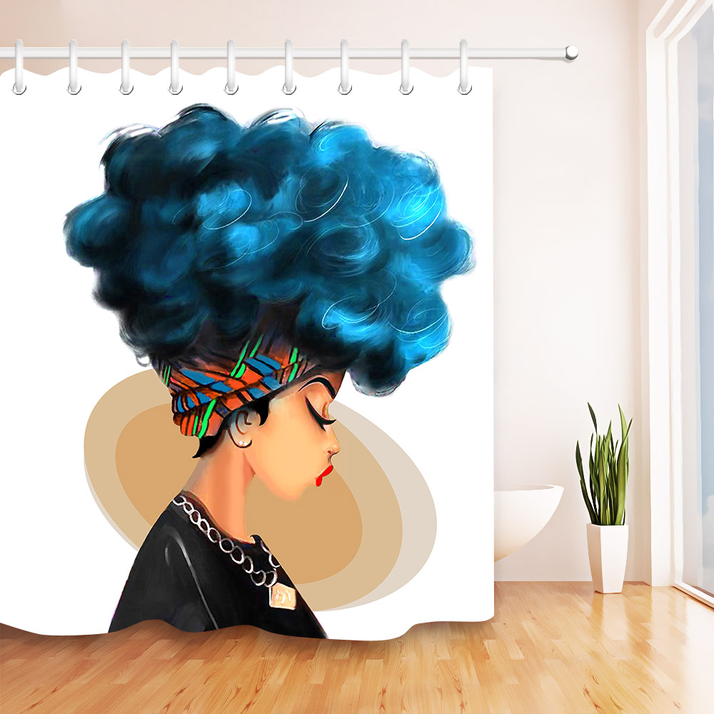 1000x1000 Afro Shower Curtain African Woman With Blue Hair Oasis Watercolor - Afro Watercolor