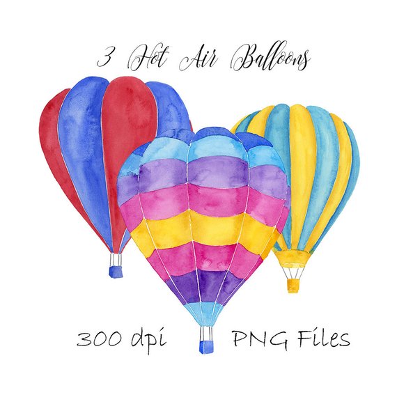 570x570 Hot Air Balloons Watercolor Clipart 3 Individual Balloon Png Etsy - Air Balloon Watercolor