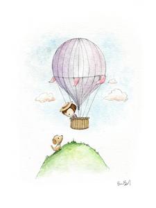 225x300 Vintage Style Hot Air Balloon Little Girl And Puppy Watercolor - Air Balloon Watercolor