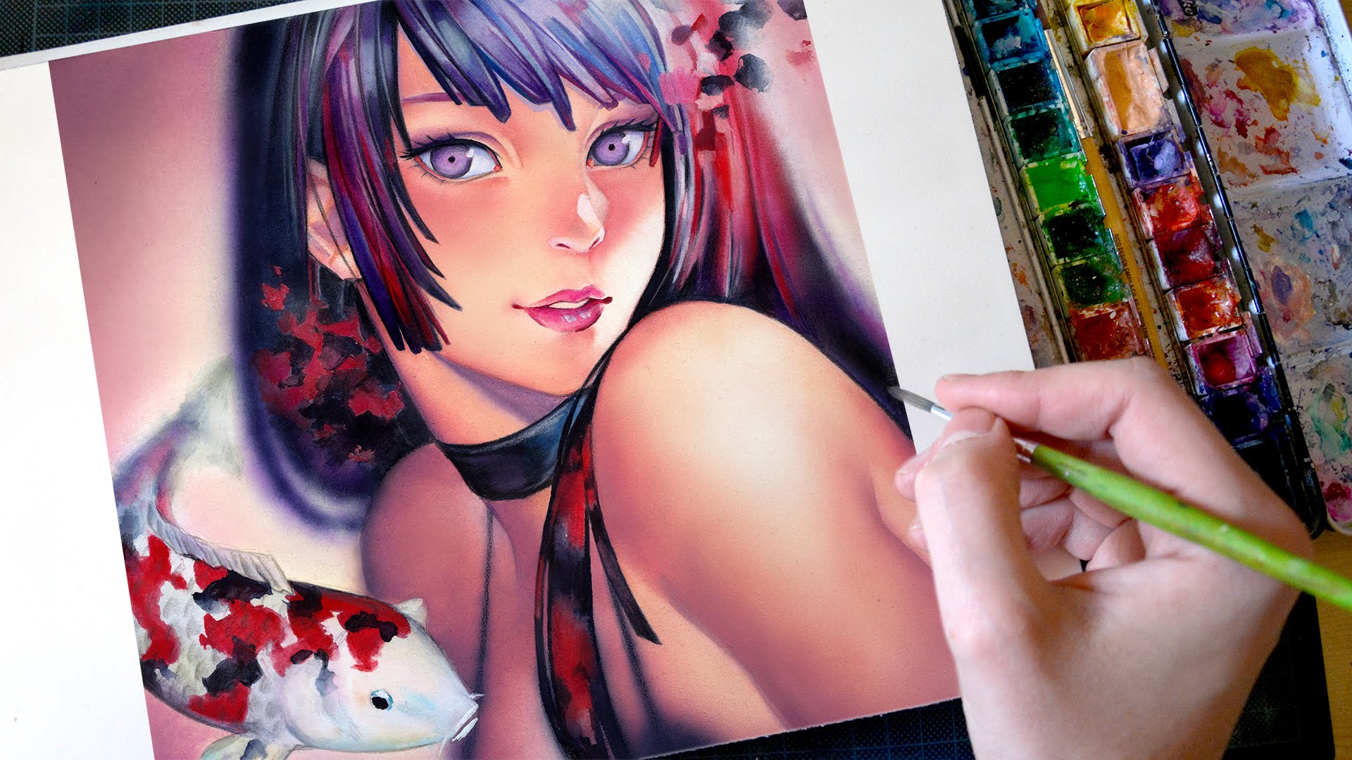 1920x1080 Watercolor Airbrush Mermaid And Koi - Airbrush Watercolor