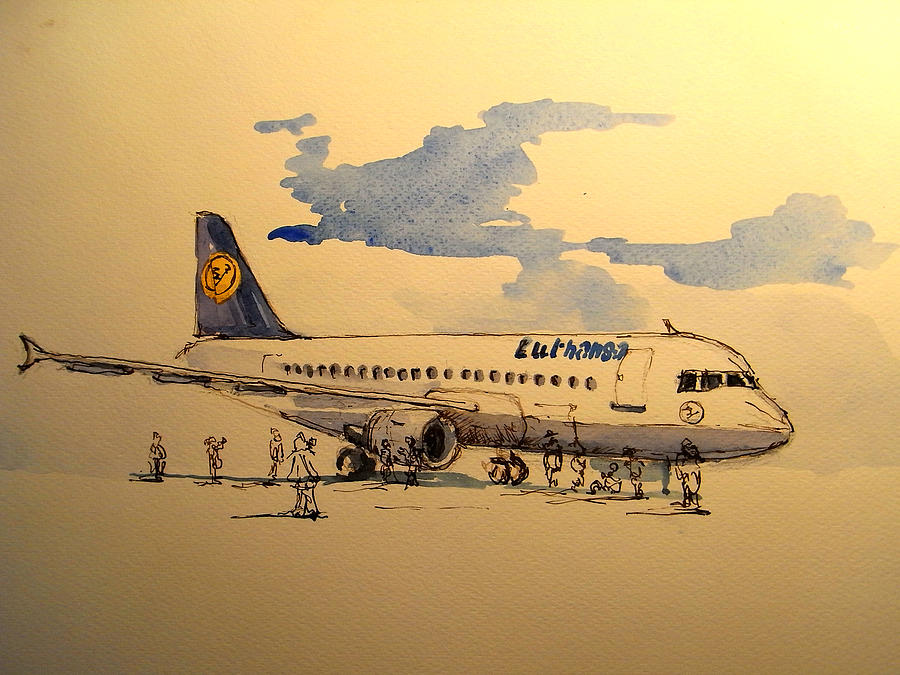 900x675 Lufthansa Plane Painting By Juan Bosco - Airplane Watercolor