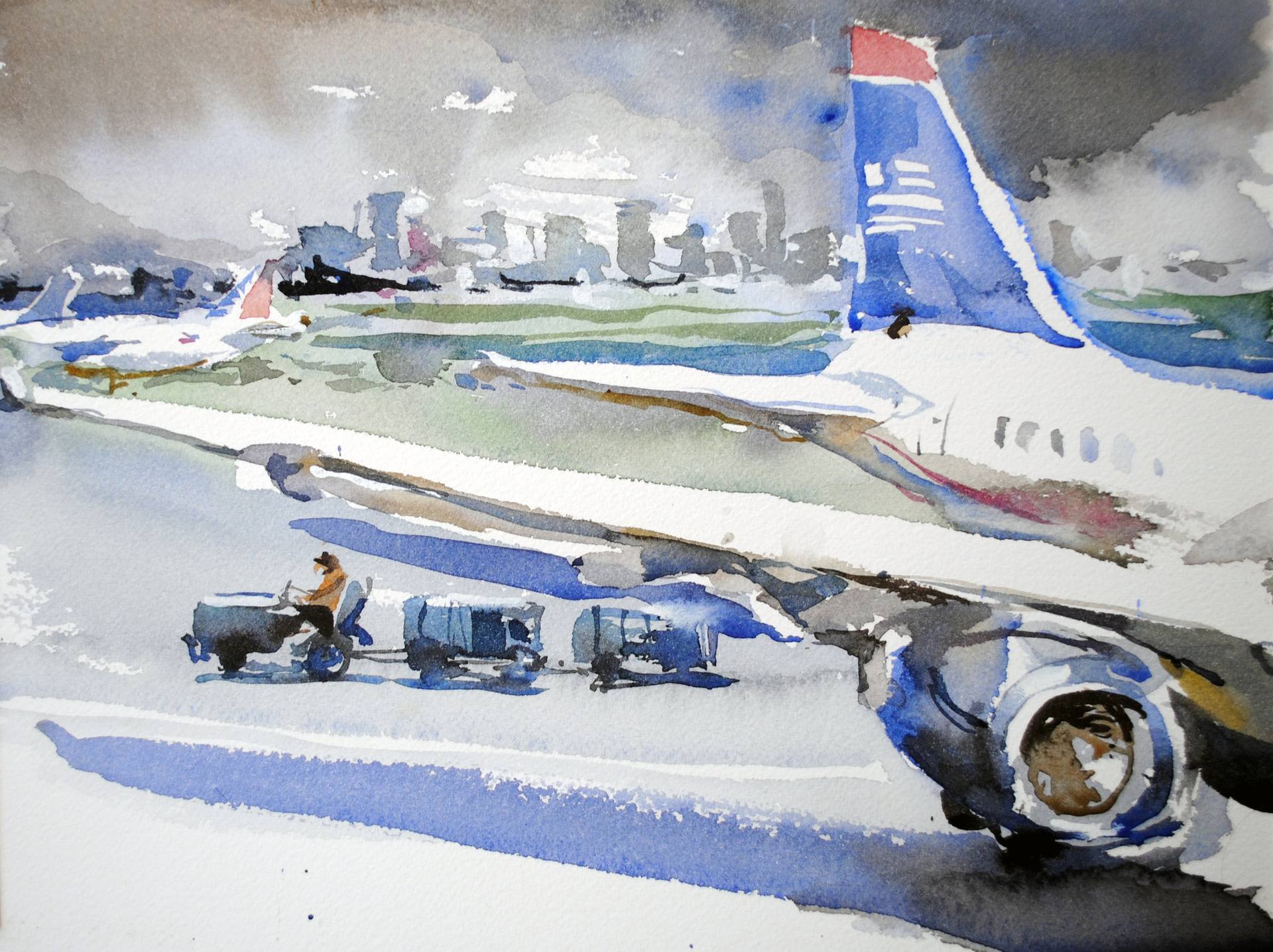 1920x1437 Original Impressionism Airplane Watercolor Paintings For Sale - A...