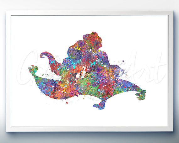 570x456 Disney Aladdin And Jasmine Watercolor Art Poster By Genefyart - Aladdin Watercolor