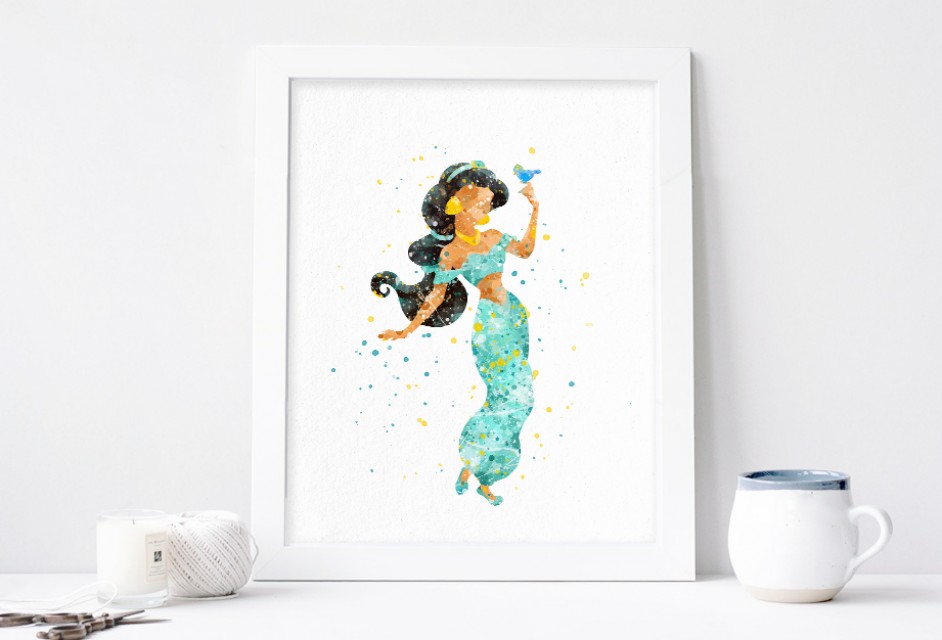 942x640 Princess Jasmine Art, Aladdin Watercolor Print Nursery Wall Decor - Aladdin Watercolor