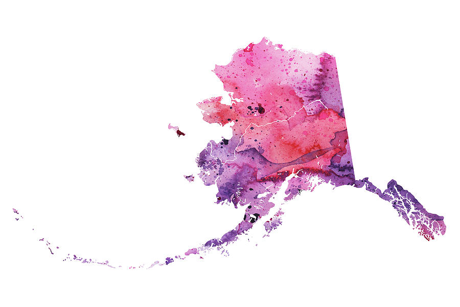 900x600 Watercolor Map Of Alaska, In Pink And Purple Painting By Andrea Hill - Alaska Watercolor