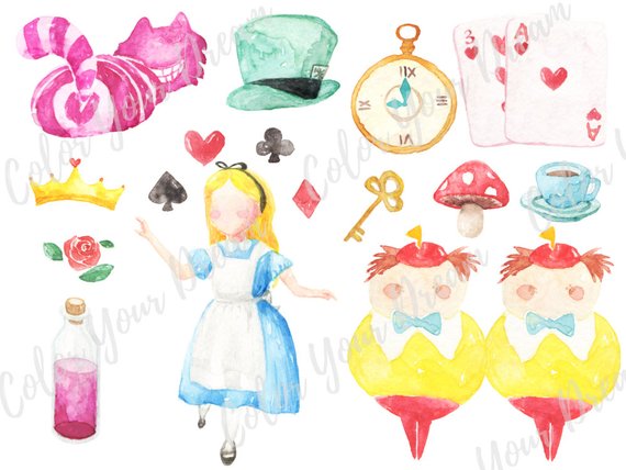 570x428 Alice In The Wonderland Watercolor Clipart Digital Disney Tea Etsy - Alice In Wonderland Watercolor
