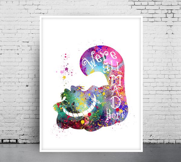 600x537 Chesire Cat Print, Alice In Wonderland Watercolor, Home Arts - Alice In Wonderland Watercolor