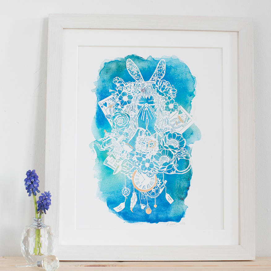 876x876 Alice In Wonderland Hand Embellished Watercolour Print By Fairy - Alice In Wonderland Watercolor