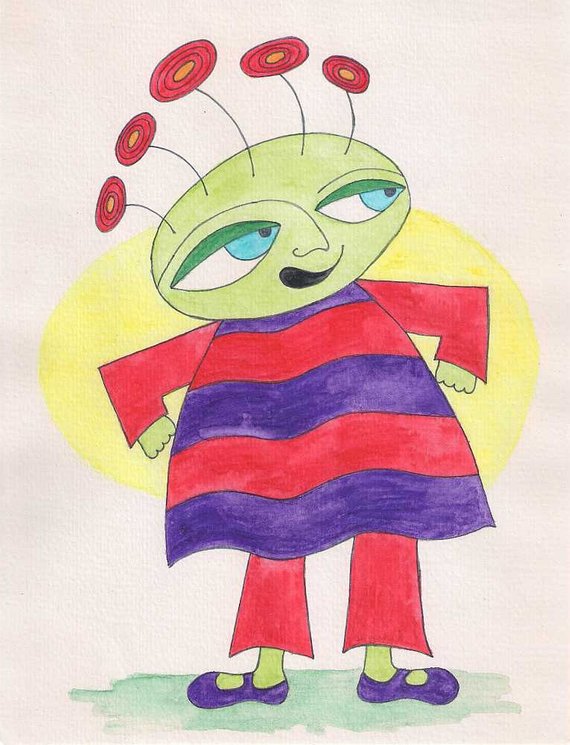 570x745 Alien Wall Art Alien Art Alien Painting Alien Watercolor Etsy - Alien Watercolor