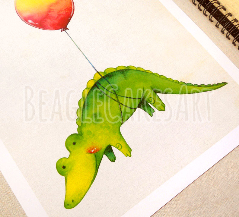 792x720 Baby Alligator With Red Balloon Giclee Illustration Print - Alligator Watercolor