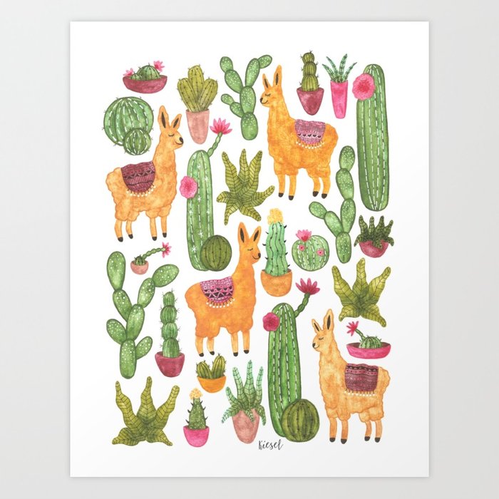 700x700 Watercolor Alpaca Clique With Cacti And Succulents Art Print By - Alpaca Watercolor