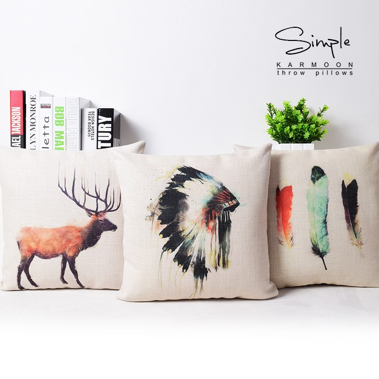750x750 Watercolor Painting Indian Headdress Feather Deer Elk Cushion - American Indian Watercolor