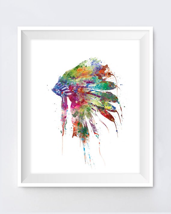 570x713 Headdress Art Native American Indian Headdress Print Wall Etsy - American Indian Watercolor Paintings