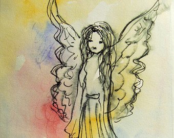 340x270 Angel Watercolor With Ink Pen Painting On Paper Original Etsy - Angel Watercolor Paintings