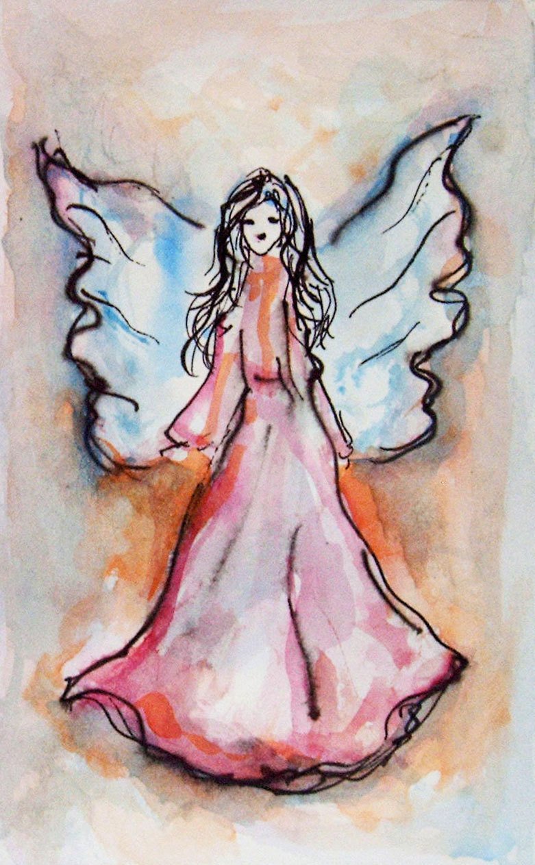 781x1263 Blue Orange Pink Original Watercolor Angel Painting, Guardian - Angel Watercolor Paintings