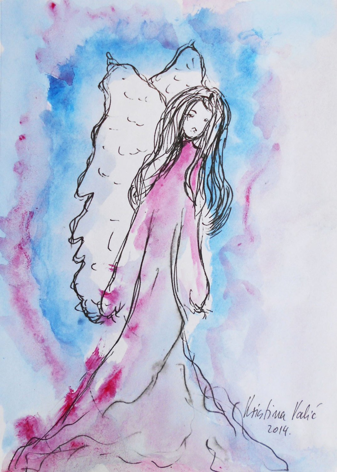 1073x1500 Blue And Red Angel Painting, Original Acrylic Painting, Guardian - Angel Watercolor Paintings