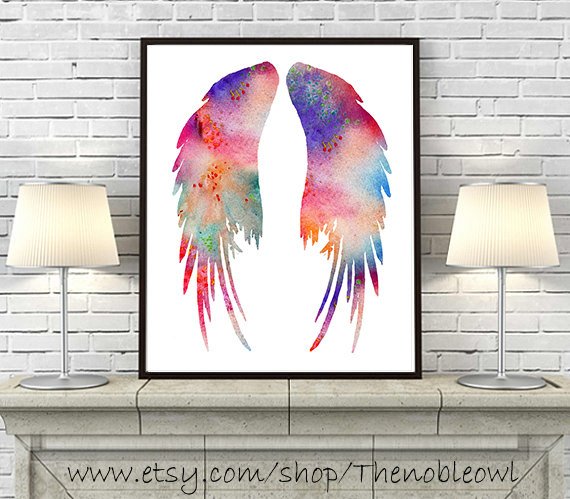 570x499 Watercolor Art Print Angel Wings Art Printcolorful Watercolor Etsy - Angel Wings Watercolor