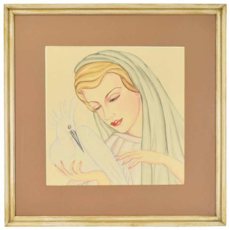 740x740 Art Deco Watercolor Painting Beautiful Woman W Egret Bird Sgnd - Art Deco Watercolor