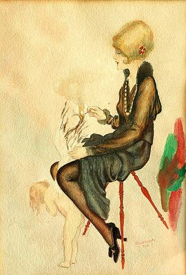 270x400 Art Deco Watercolor Painting Signed Montenegro Lady Burning Angel - Art Deco Watercolor