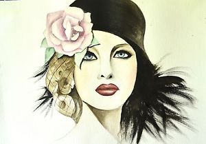 300x209 Fashion Illustration Art Deco Female Glam Hat Watercolor Fine Art - Art Deco Watercolor