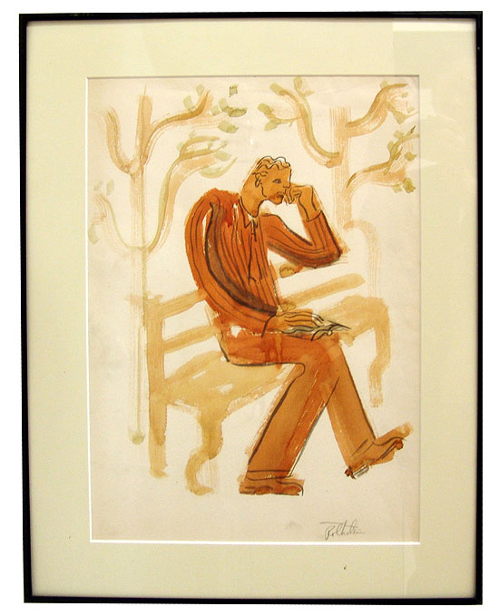 550x679 American Art Deco Wpa Watercolor By Jerry Roth Man On Bench - Art Deco Watercolor