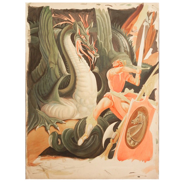 768x768 Slaying The Dragon, Art Deco Watercolor Painting For Sale - Art Deco Watercolor