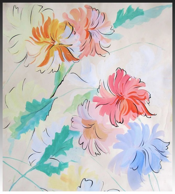 668x740 Vintage French Art Deco Watercolor Painting Large Floral Flowers - Art Deco Watercolor