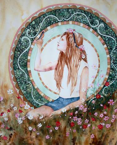 375x464 Art Nouveau Girl Amp Bird Painting By Emily Mcphee Saatchi Art - Art Nouveau Watercolor