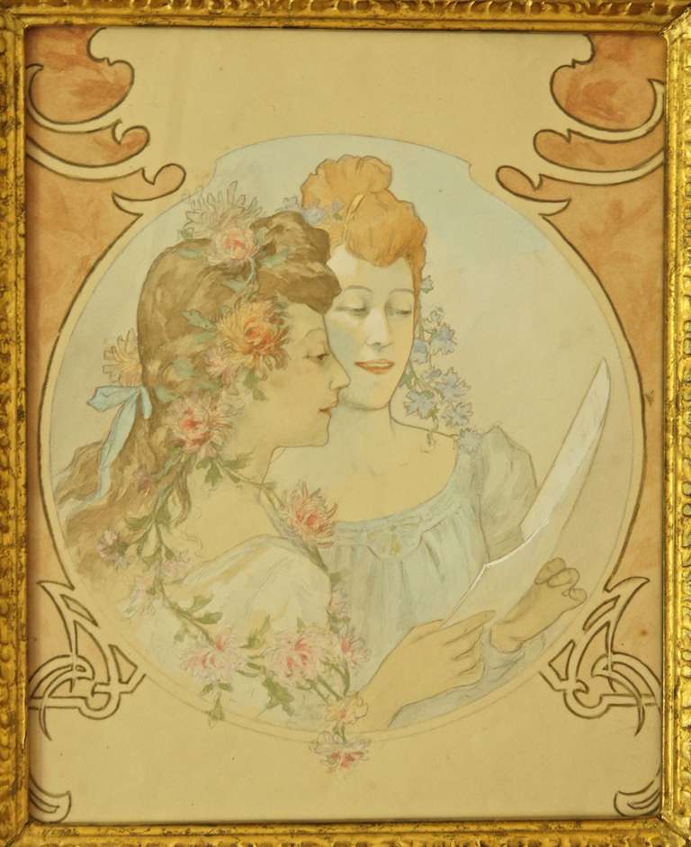 768x941 French Art Nouveau Watercolor Painting With Two Girls 1900 - Art Nouveau Watercolor