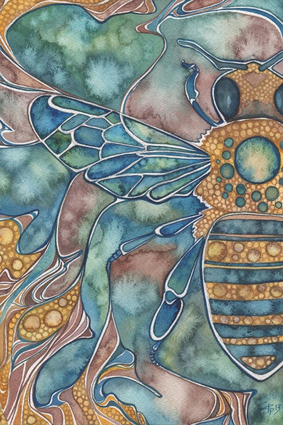 570x854 Honey Bee 5 X 7 Print Of Detailed Watercolour Artwork In Muted - Art Nouveau Watercolor