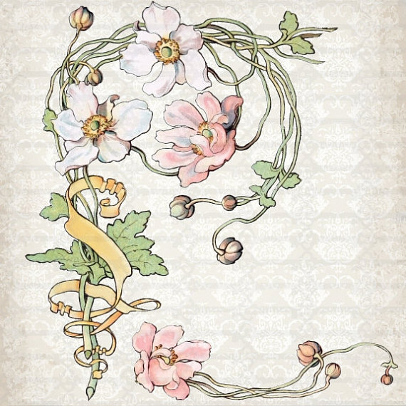570x570 Vintage Art Nouveau Watercolor Anemone Clipart Set Commercial Use - Art Nouveau Watercolor