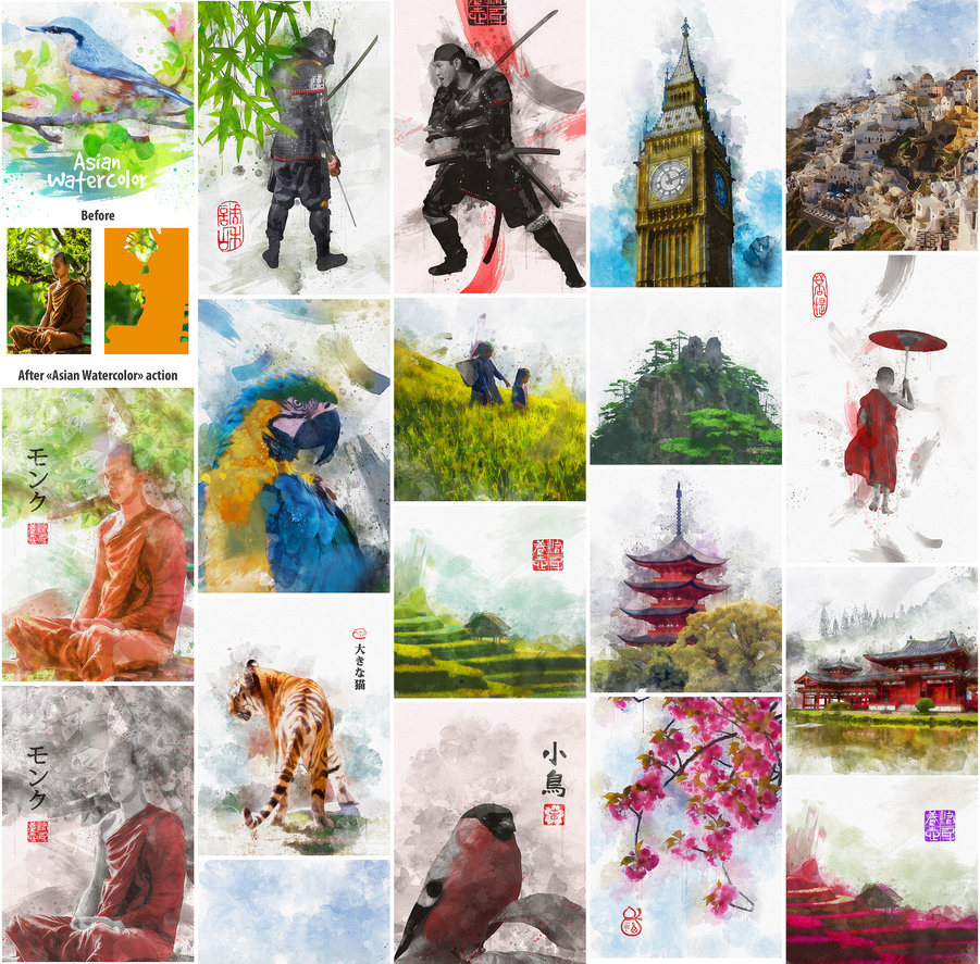 901x887 Asian Watercolor Photoshop Action By Graphicassets - Asian Watercolor