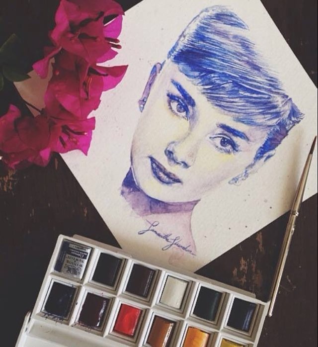 640x698 Audrey Hepburn Original Watercolor Painting Shumaker Art - Audrey Hepburn Watercolor