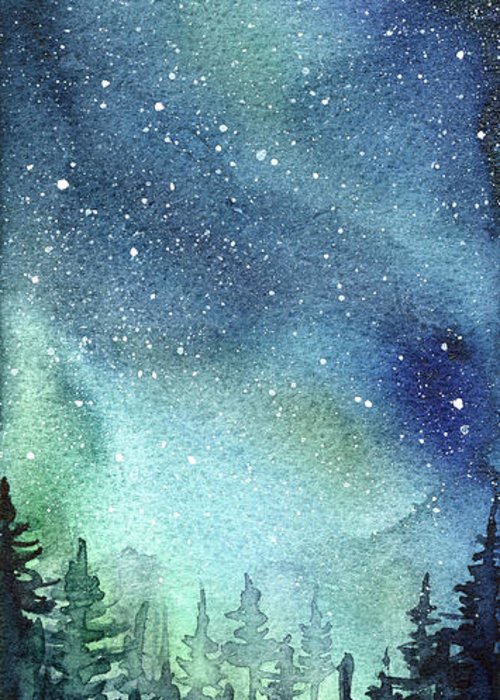 500x700 Galaxy Watercolor Aurora Painting Greeting Card For Sale By Olga - Aurora Borealis Watercolor