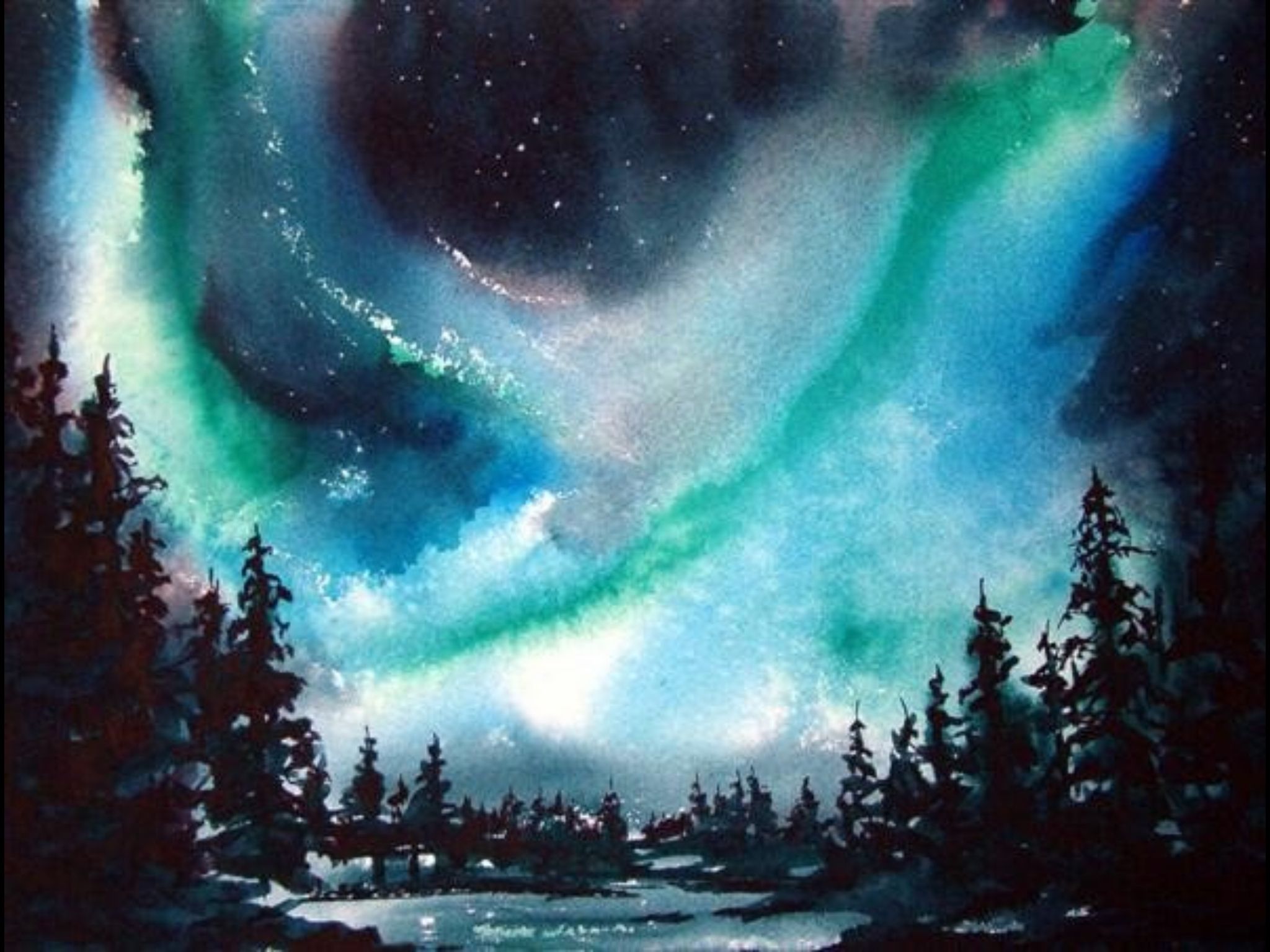 2048x1536 Northern Lights 11in X 14in Watercolour Painting By Ken Crawford - Aurora Borealis Watercolor