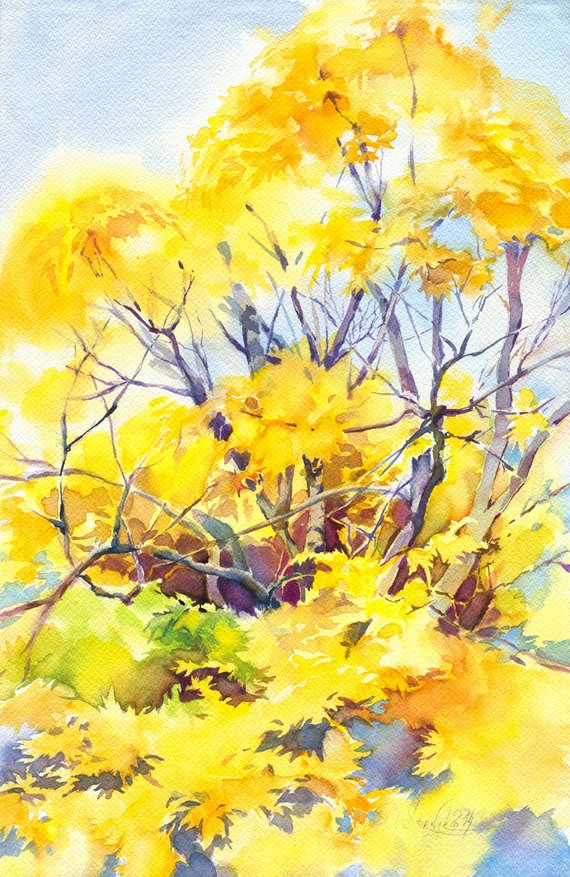 570x877 Autumn Tree Watercolor Painting Yellow Forest Painting Etsy - Autumn Tree Watercolor