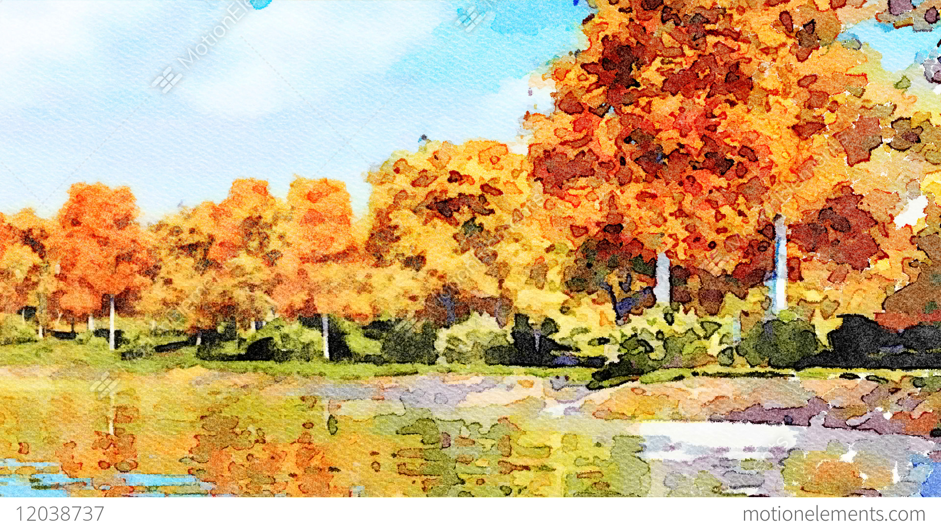 1920x1080 Watercolor Landscape With Autumn Trees And Lake Stock Animation - Autumn Tree Watercolor