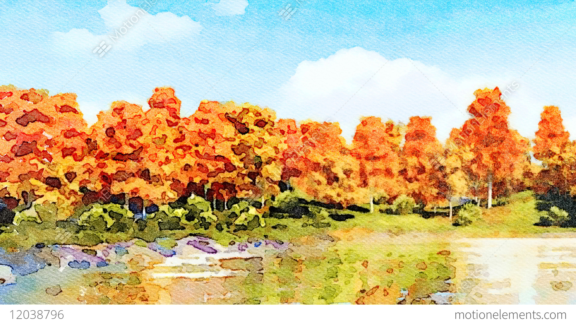1920x1080 Autumn Trees On A Lake Shore Watercolor Landscape Stock Animation - Autumn Tree Watercolor