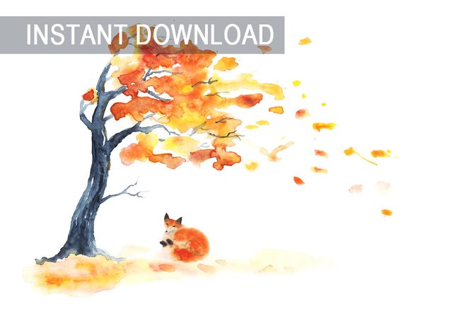 642x454 Fox Tree Fall Autumn Watercolor Painting Jpg Foxy Wall Art Etsy - Autumn Watercolor