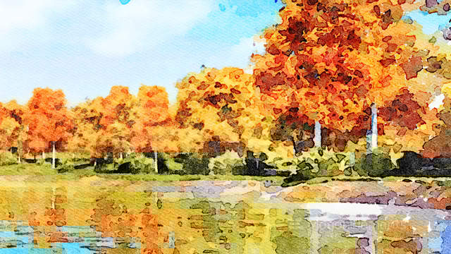 640x360 Watercolor Landscape With Autumn Trees And Lake Stock Animation - Autumn Watercolor