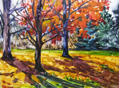 500x368 Autumn Cascade Watercolor Painting - Autumn Watercolor Paintings