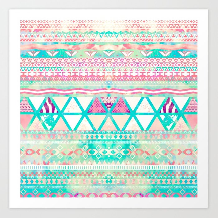 700x700 Pink Teal Aztec Pattern Triangles Girly Watercolor Art Print By - Aztec Watercolor