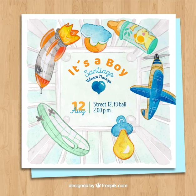 626x626 Baby Boy Card Invitation With Toys In Watercolor Style Stock - Baby Boy Watercolor