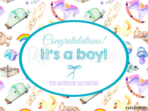 500x376 Card Template, Frame Border On Baby Boy Shower Watercolor Elements - Baby Boy Watercolor