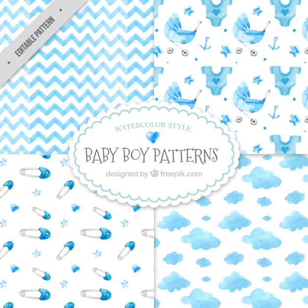 626x626 Decorative Watercolor Baby Shower Patterns Pack Vector Free Download - Baby Boy Watercolor