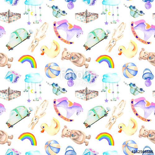 500x500 Seamless Pattern With Baby Boy Shower Watercolor Elements (Toys - Baby Boy Watercolor