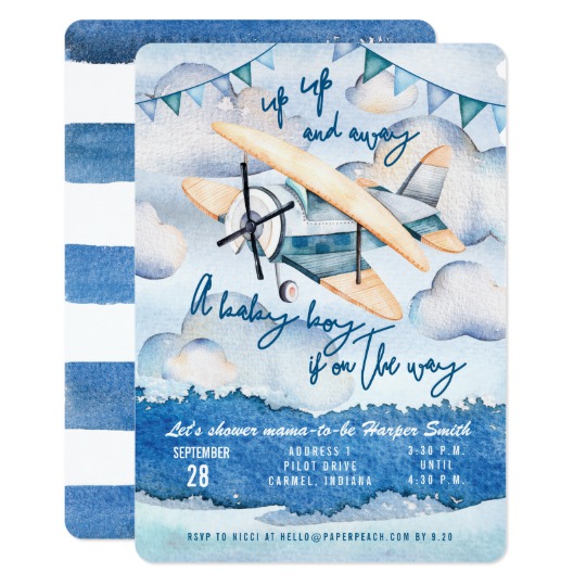 540x540 Watercolor Airplane Baby Boy Shower Invitation - Baby Boy Watercolor
